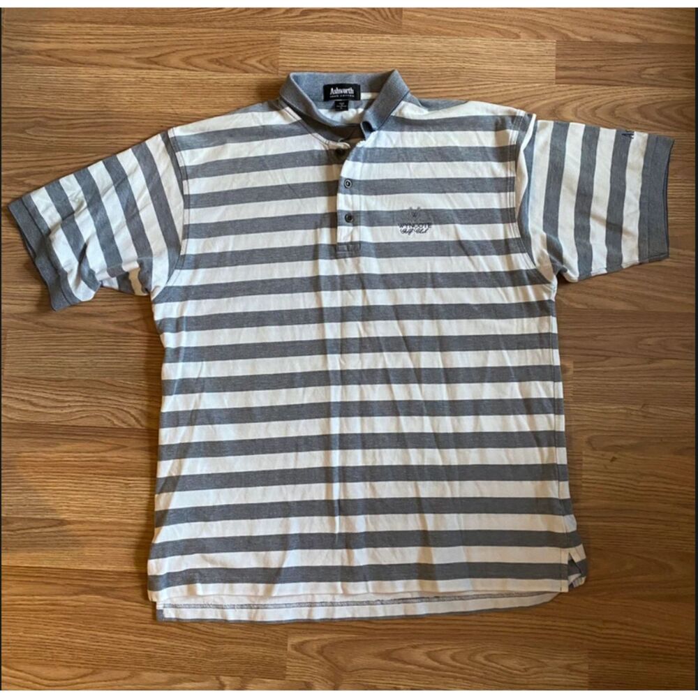 Ashworth Grey and White Striped Polo Golf Shirt: Size L